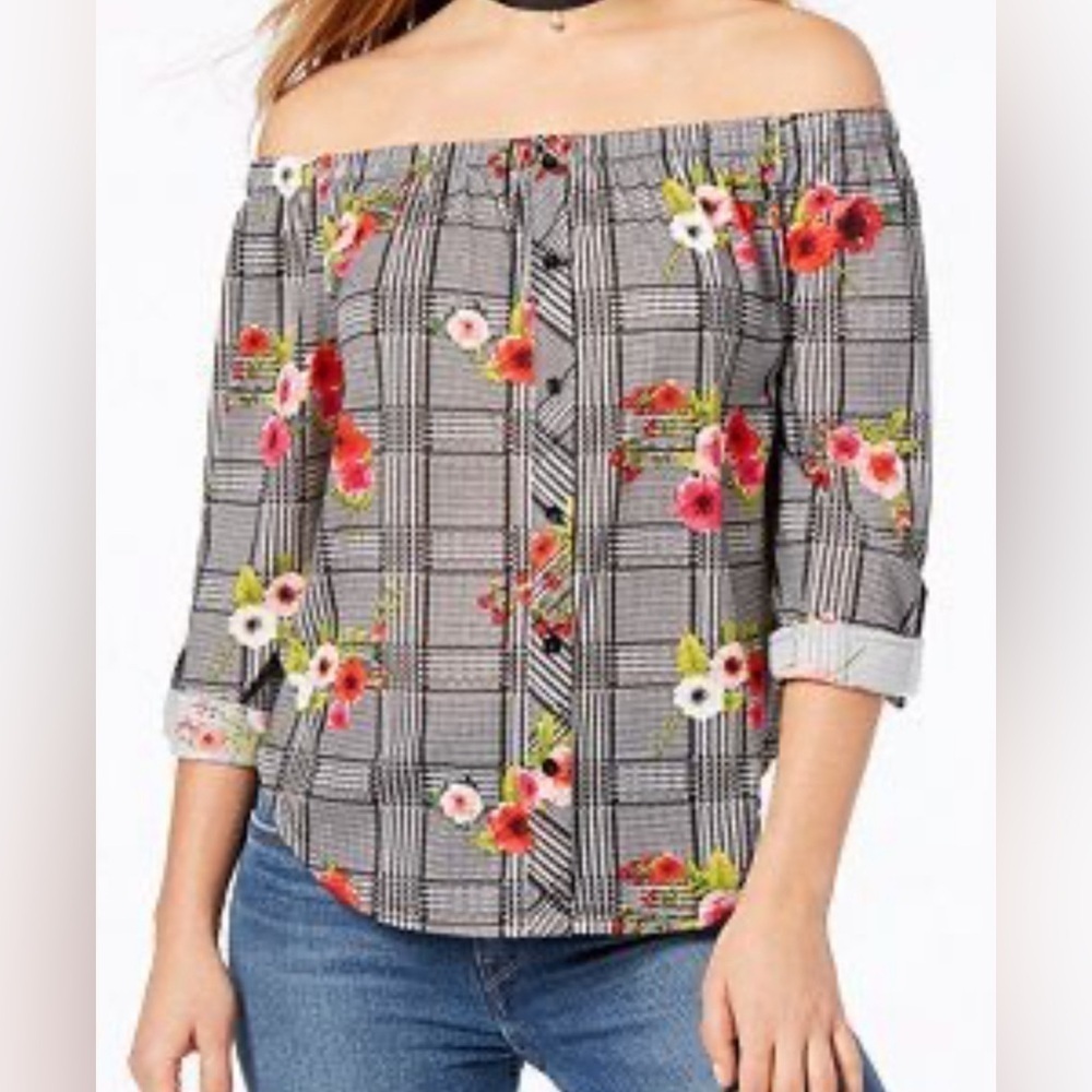 Polly & Esther NWT Floral&Plaid Shirt Off Shoulder, Button sleeves, Women Medium